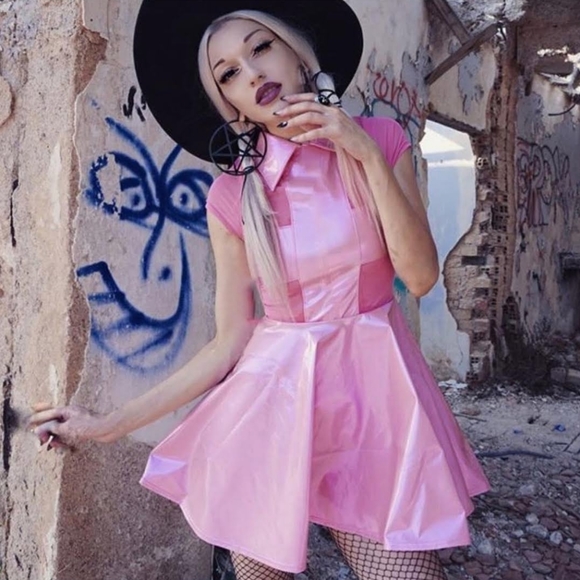 IRON FIST x 24 HOURS Nun Fux Given Mesh Pink Bodysuit M Vinyl Rave Punk Y2K - Picture 3 of 16